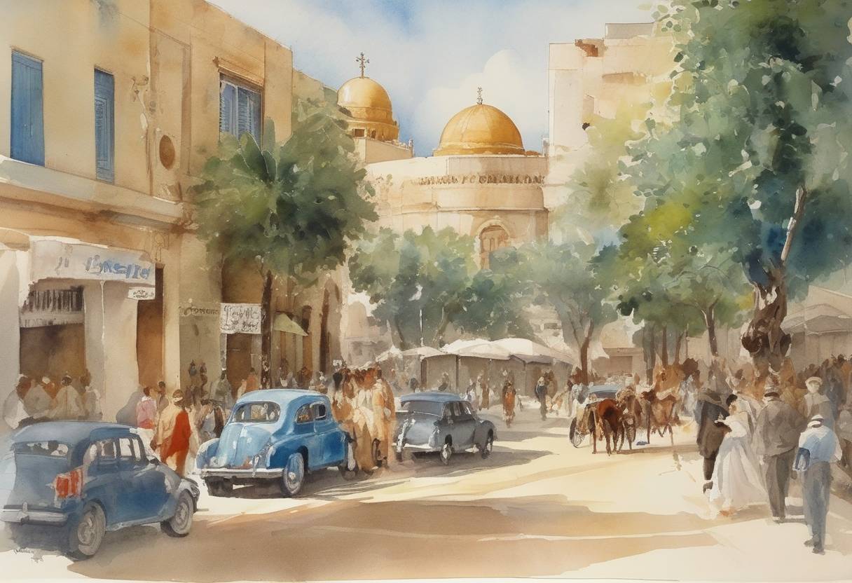 Watercolor painting based depiction of Tunisia gained independence from France, marking the end of French colonial rule and the beginning of a new era for the country. (1956)