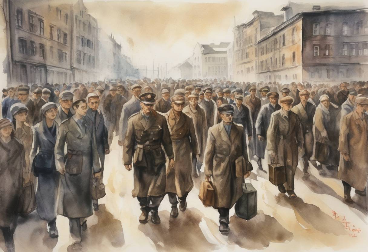 Watercolor painting based depiction of Nazi Germany began the systematic deportation of 70,000 people from the Lodz Ghetto to the Auschwitz concentration camp, part of the Holocaust's Final Solution. (1944)