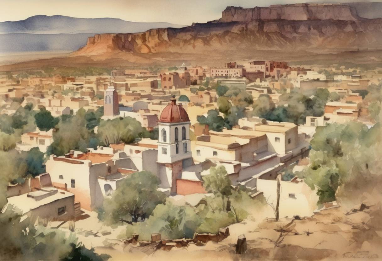 Watercolor painting based depiction of New Mexico was admitted as the 47th U.S. state. (1912)