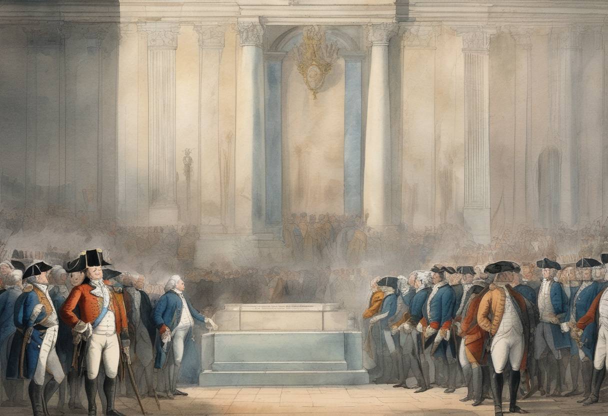 Watercolor painting based depiction of King Louis XVI of France was executed by guillotine in Paris, marking a pivotal moment in the French Revolution. (1793)