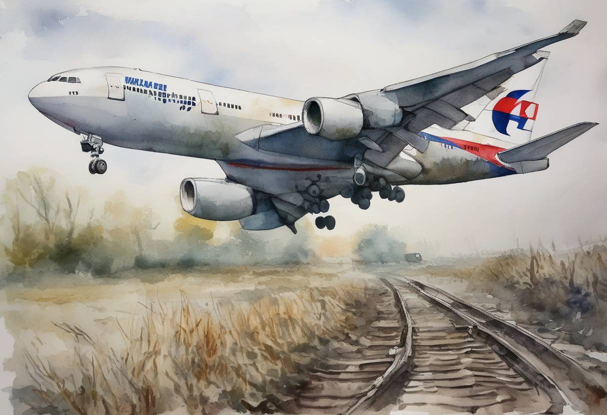 Watercolor painting based depiction of Malaysia Airlines Flight MH17 was shot down over eastern Ukraine, killing all 298 people on board. The incident occurred amid the conflict between Ukrainian forces and pro-Russian separatists, leading to international condemnation and increased tensions between Russia and Western countries. (2014)