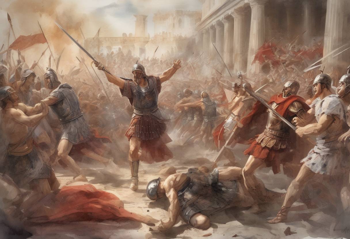 Watercolor painting based depiction of The Roman Emperor Septimius Severus defeats the usurper Clodius Albinus at the Battle of Lugdunum, securing his control over the Roman Empire. (202)