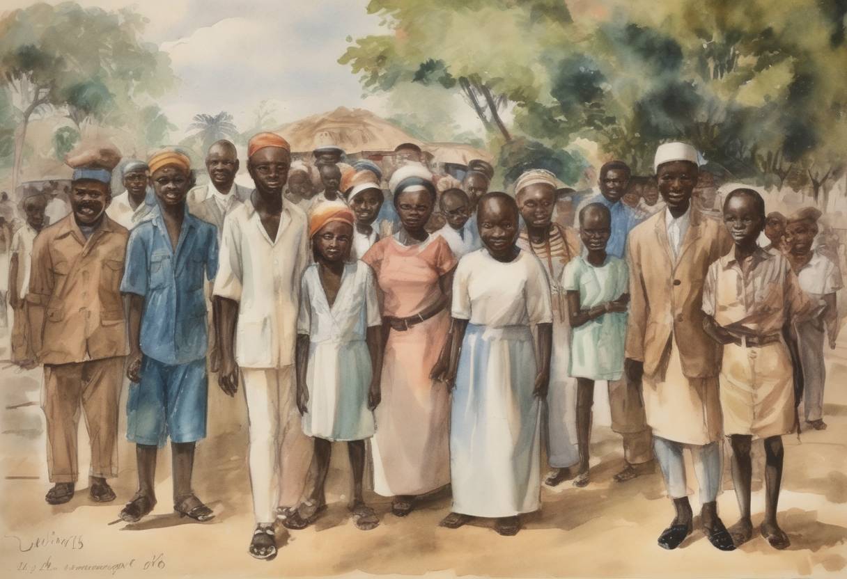 Watercolor painting based depiction of Ivory Coast gained independence from France, marking a significant moment in the decolonization of Africa. (1960)