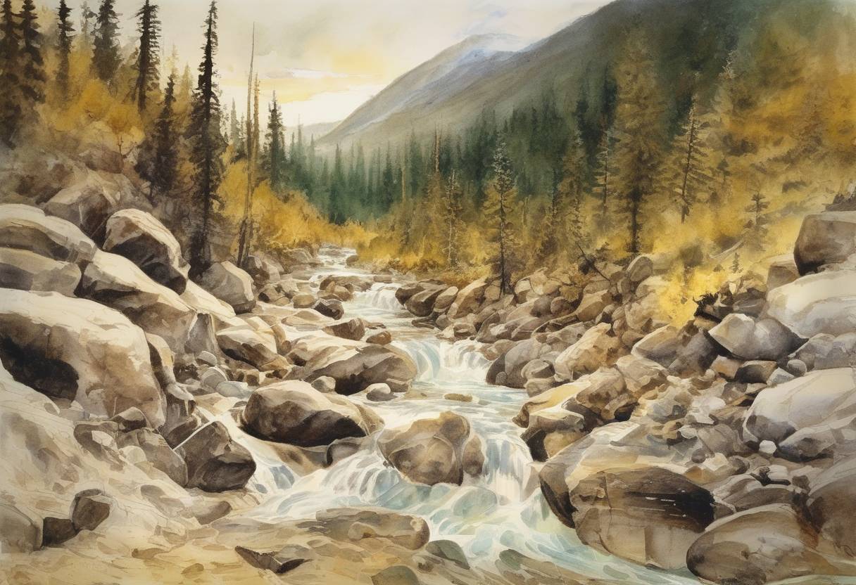 Watercolor painting based depiction of Gold was discovered in Bonanza Creek, a tributary of the Klondike River, leading to the Klondike Gold Rush. (1896)