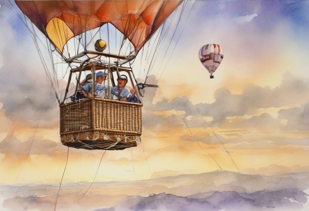 Watercolor painting based depiction of Steve Fossett became the first person to fly solo nonstop around the world in a balloon, landing in Queensland, Australia. (2002)