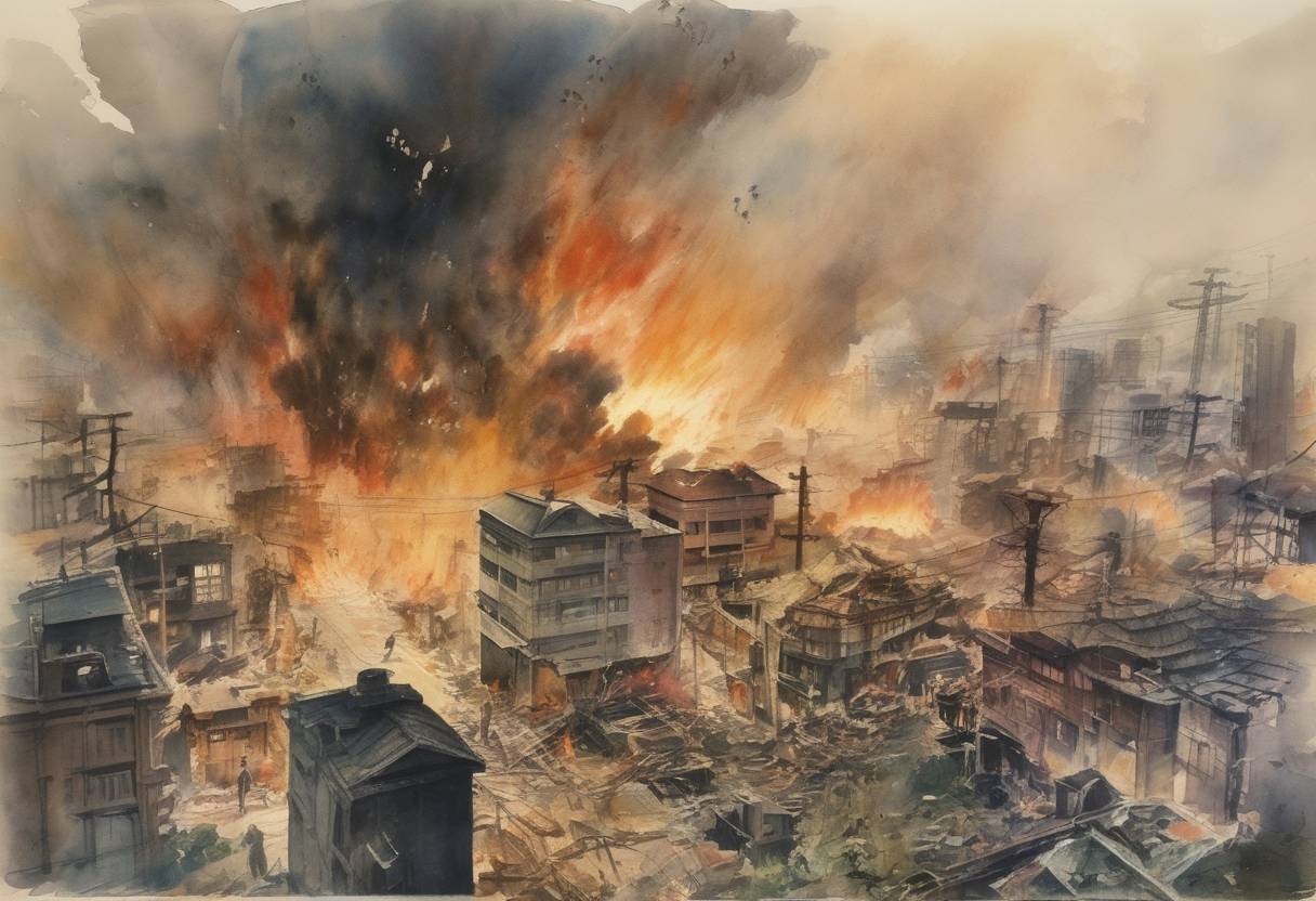 Watercolor painting based depiction of The United States conducted a massive firebombing raid on Tokyo, Japan, during World War II, resulting in extensive destruction and loss of life. (1945)