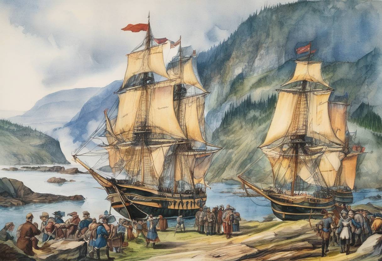 Watercolor painting based depiction of French explorer Jacques Cartier lands in Canada, claiming it for France. (1534)