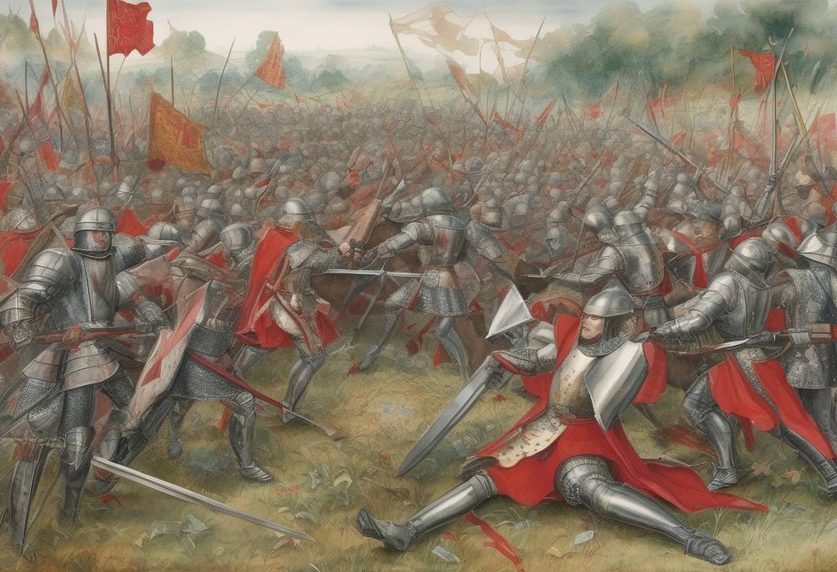 Watercolor painting based depiction of The Battle of Stoke Field took place, marking the end of the Wars of the Roses in England. The battle was fought between the forces of Henry VII and the Yorkist supporters of Lambert Simnel, a pretender to the throne. (1487)