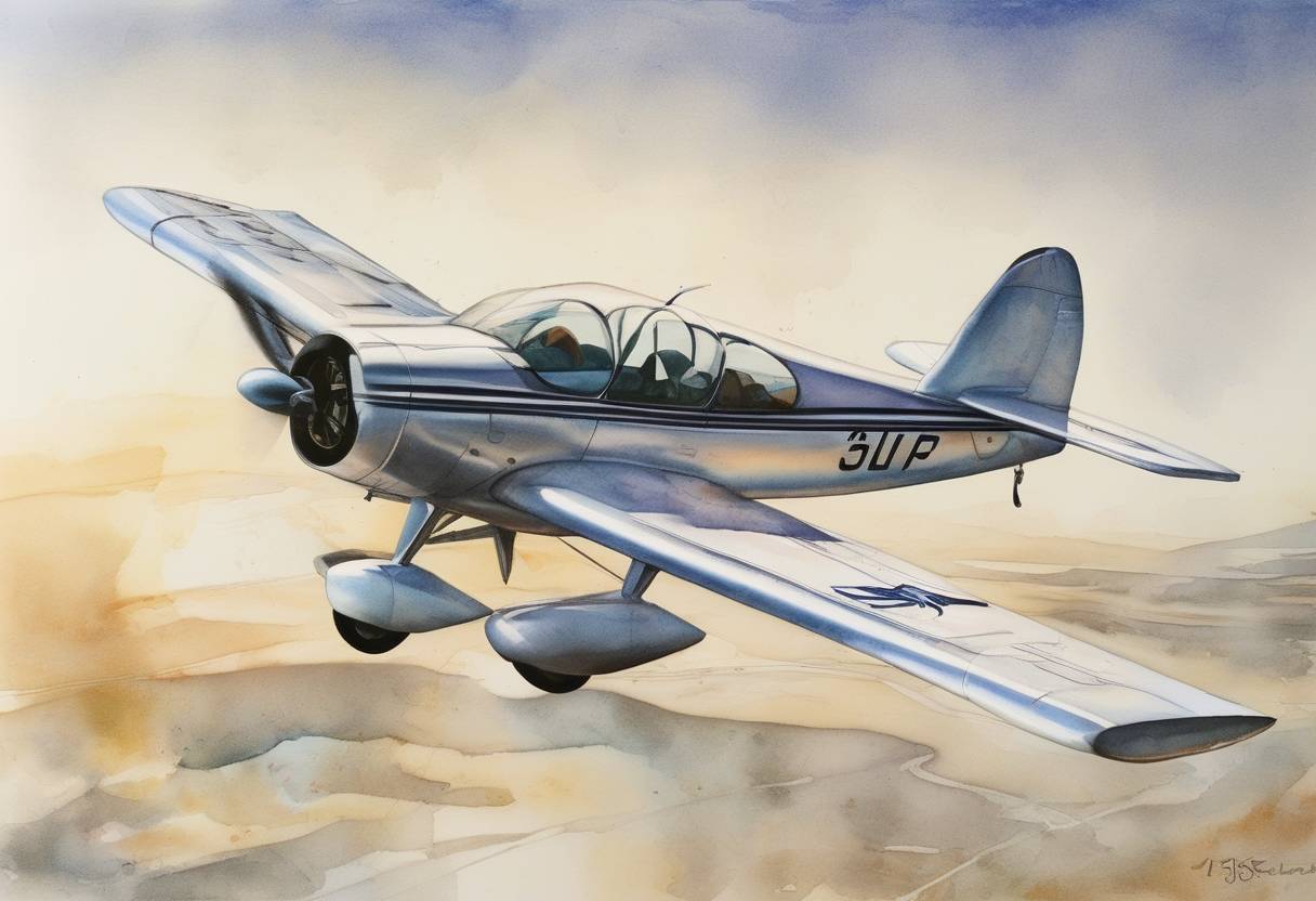 Watercolor painting based depiction of Steve Fossett became the first person to fly an airplane solo nonstop around the world without refueling. (2005)