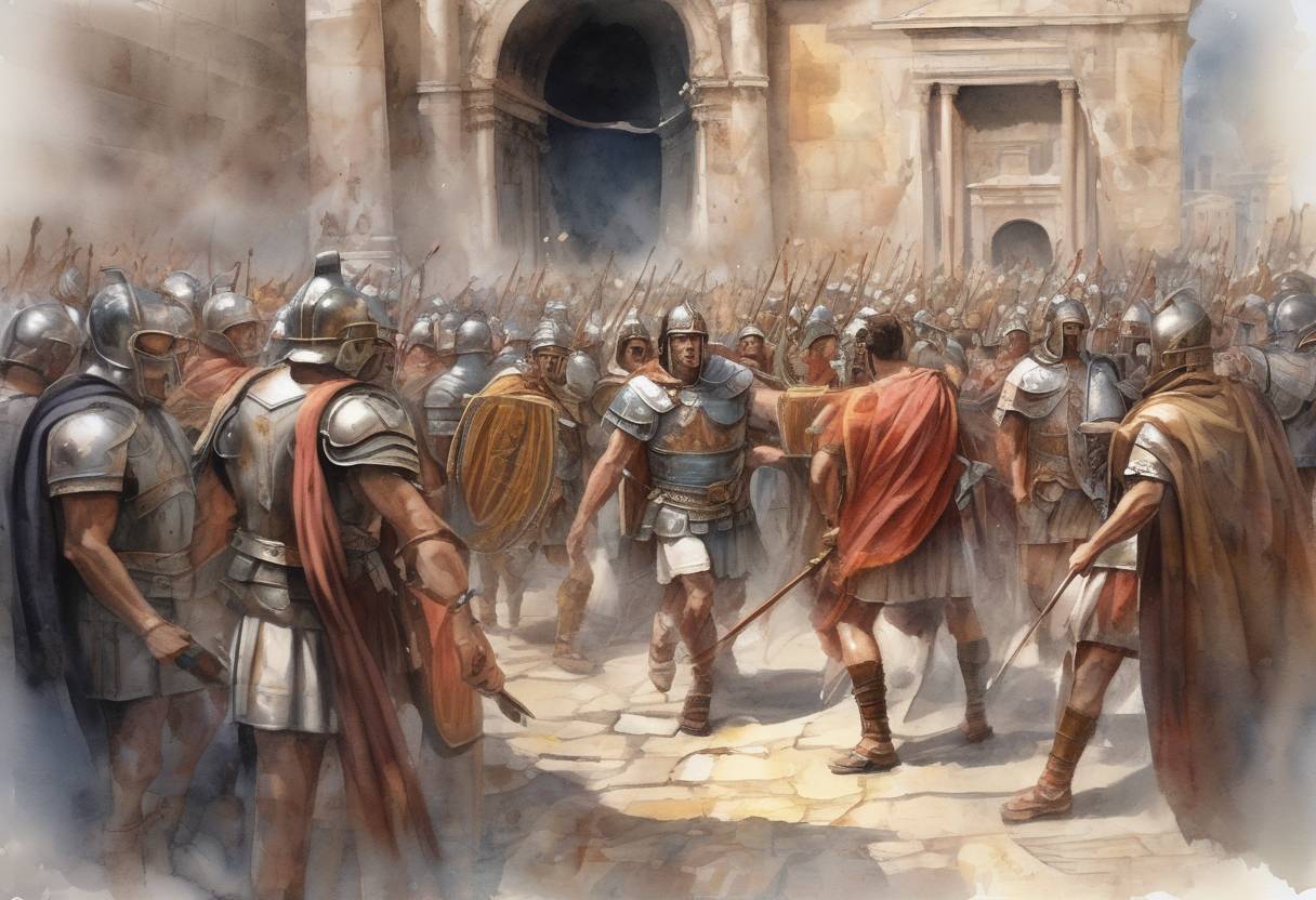 Watercolor painting based depiction of The Vandals, led by King Genseric, sack Rome after entering the city without much resistance. This event marks one of the significant sackings of Rome during the decline of the Western Roman Empire. (455)