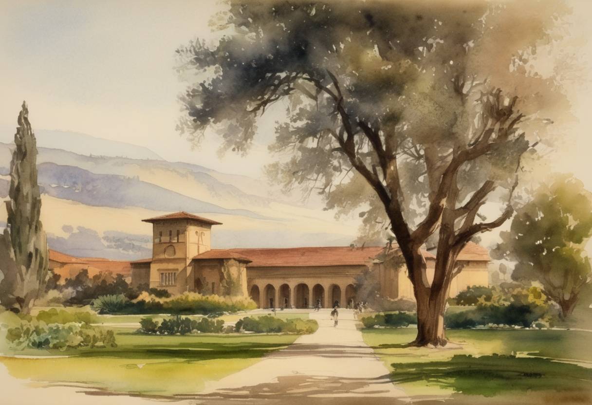 Watercolor painting based depiction of Stanford University officially opened its doors to students in Stanford, California. (1891)