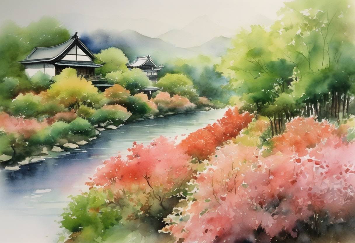 Watercolor painting based depiction of The Kyoto Protocol, an international treaty aimed at reducing greenhouse gas emissions, was adopted in Kyoto, Japan. (1997)
