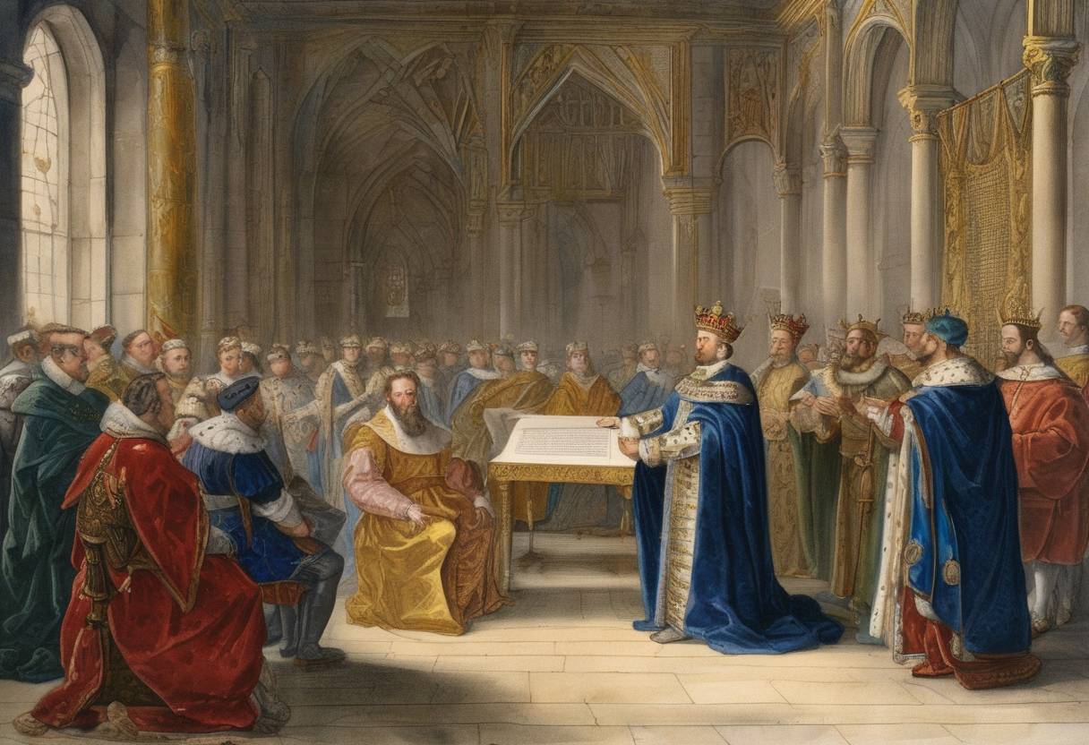 Watercolor painting based depiction of Henry III of France issues the Edict of Union, affirming his Catholic faith and recognizing the Catholic League in France, which was a significant event in the French Wars of Religion. (1588)
