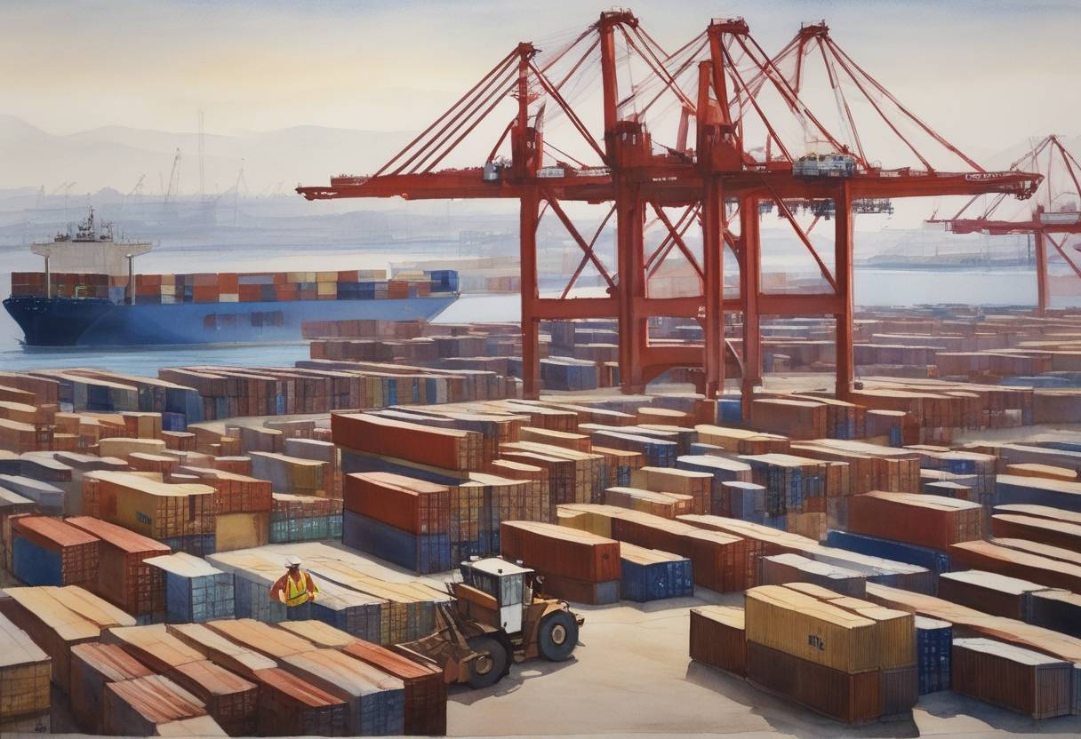 Watercolor painting based depiction of The International Longshore and Warehouse Union (ILWU) end a week-long strike at the Port of Los Angeles after reaching an agreement with the employers. (2010)