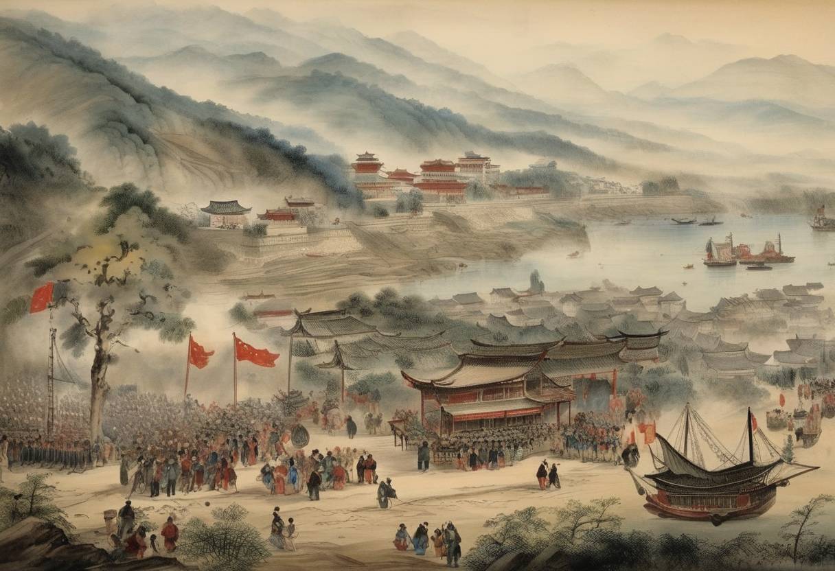 Watercolor painting based depiction of The Treaty of Nanking was signed, marking the end of the First Opium War between the United Kingdom and the Qing Dynasty of China. This treaty was significant as it ceded the territory of Hong Kong to Britain, and opened several Chinese ports to British trade. (1842)