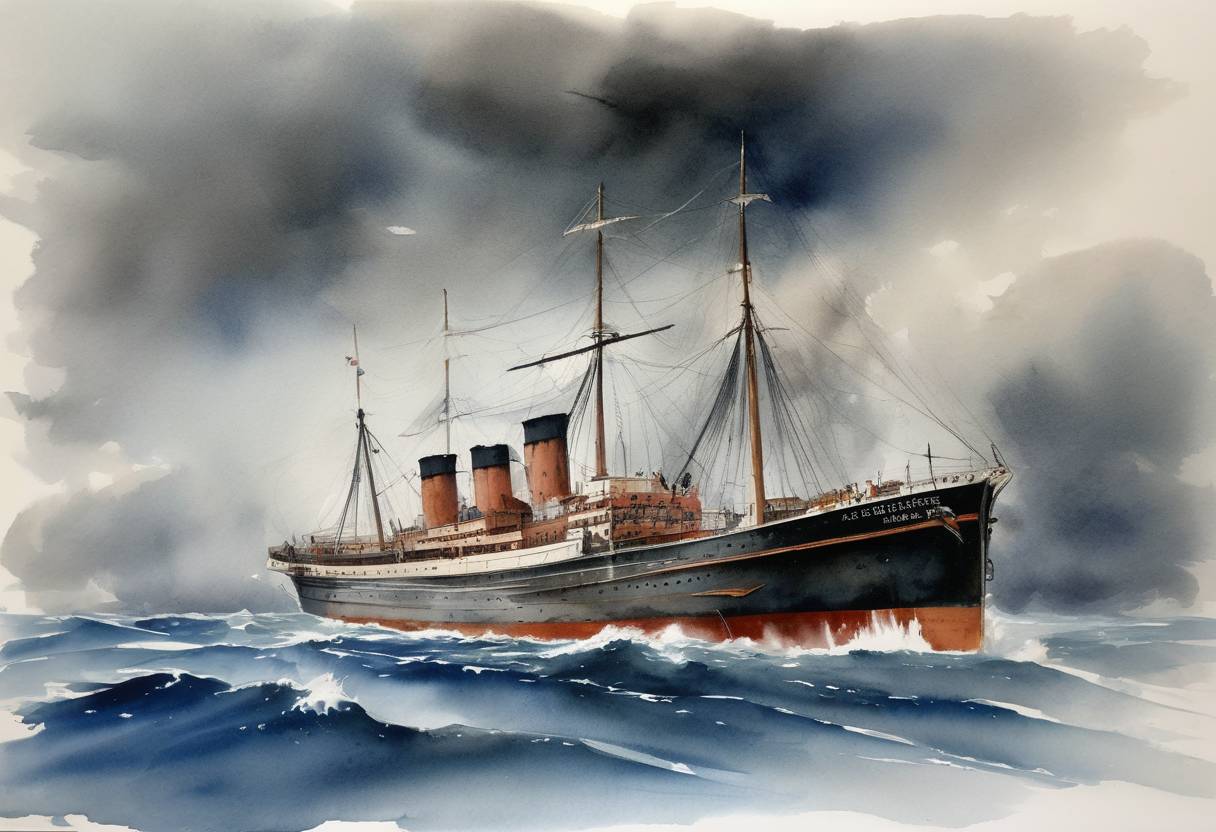 Watercolor painting based depiction of The Greek ship SS Heraklion sunk in the Aegean Sea during a storm, leading to the tragic loss of nearly 217 lives. (1966)