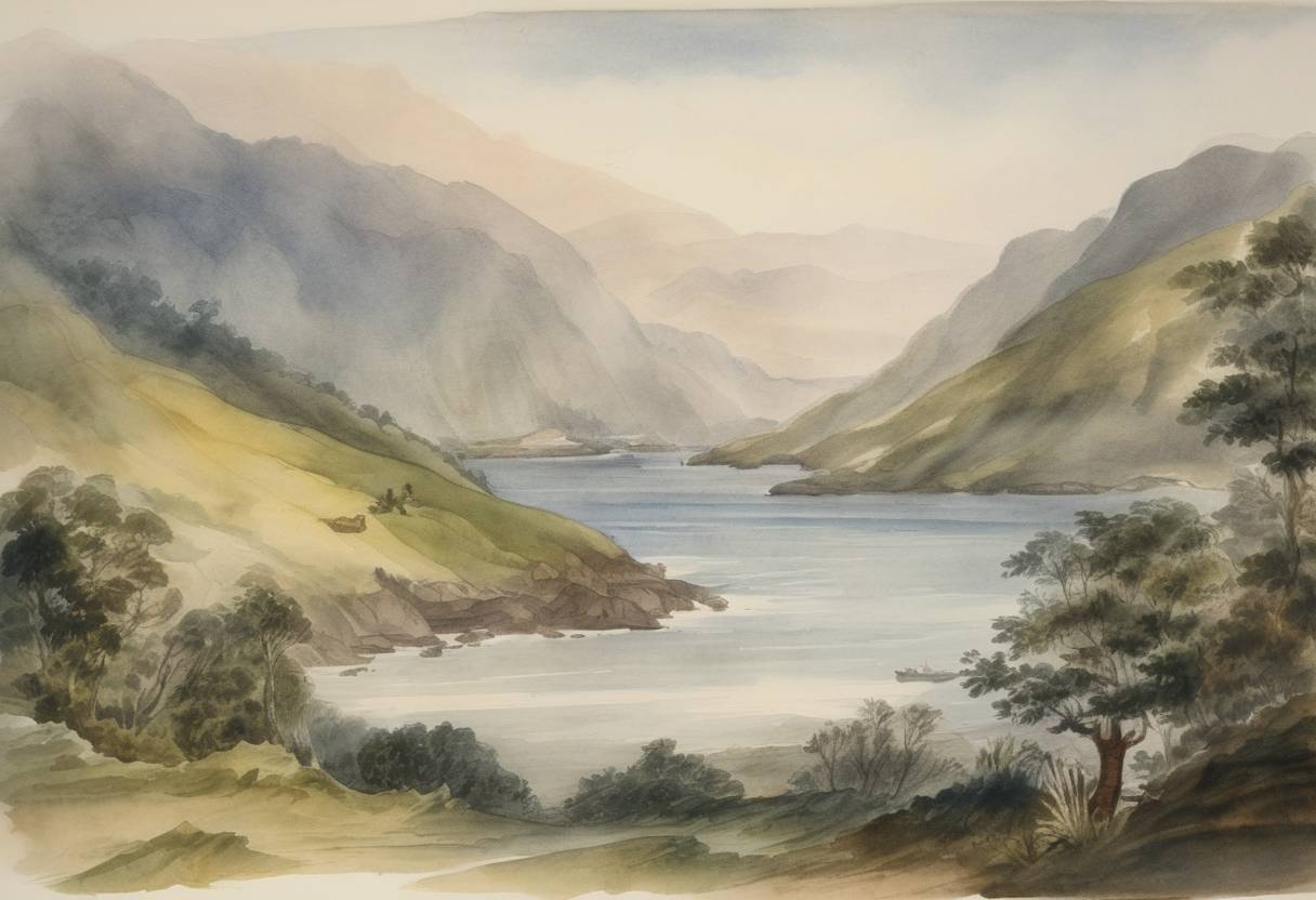 Watercolor painting based depiction of Captain James Cook, aboard the HMS Endeavour, became the first European to sight New Zealand during his first voyage of exploration. (1769)