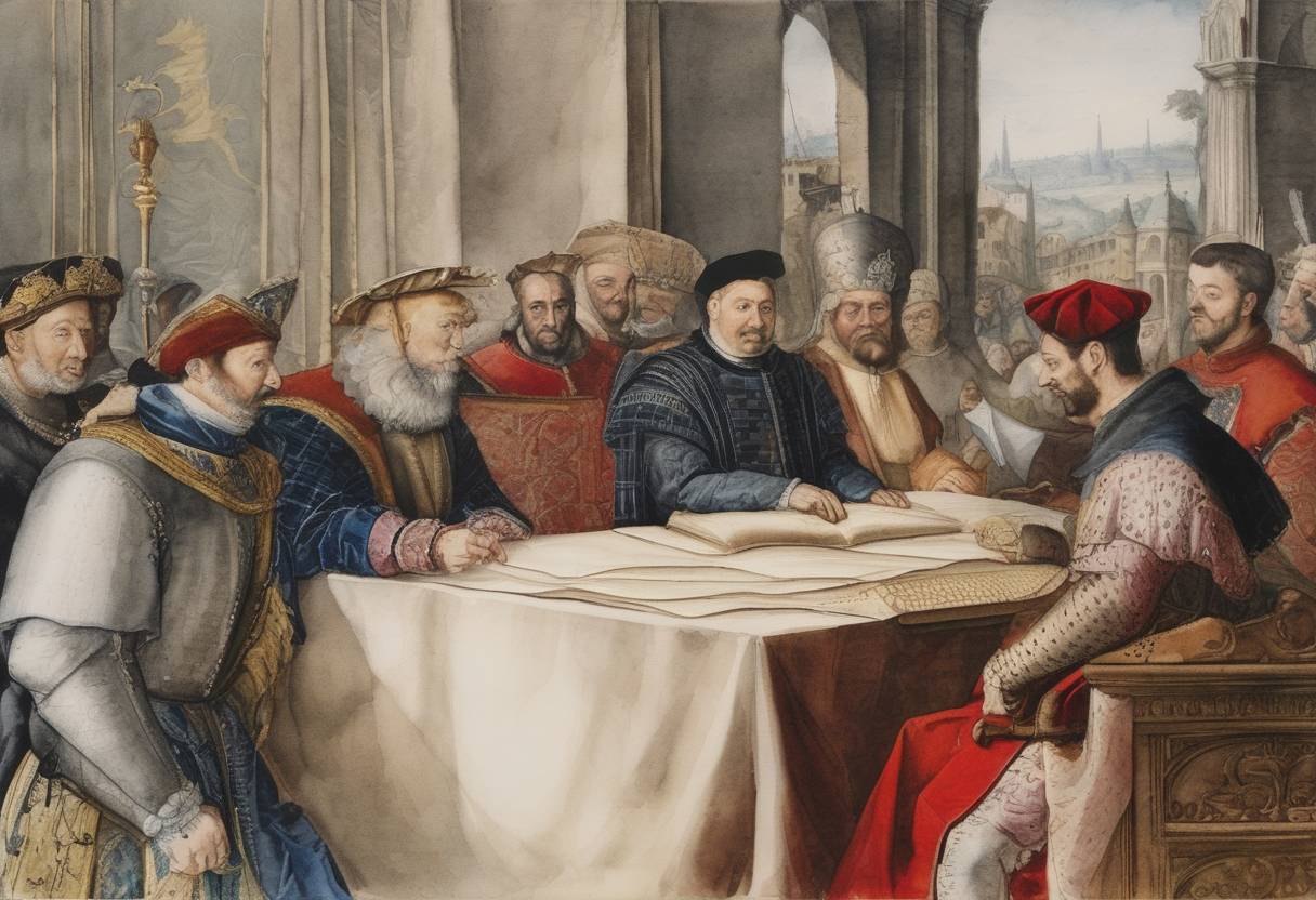 Watercolor painting based depiction of The Treaty of Crépy was signed, concluding hostilities between Charles V, Holy Roman Emperor, and Francis I of France. This agreement temporarily ended the Italian Wars between France and the Habsburg Empire. (1544)