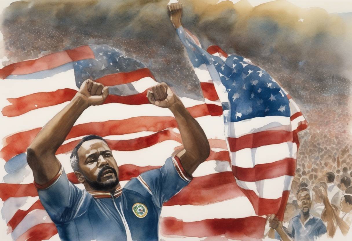 Watercolor painting based depiction of American athletes Tommie Smith and John Carlos raised their fists during the U.S. national anthem at the Mexico City Olympics as a protest for human rights. (1968)