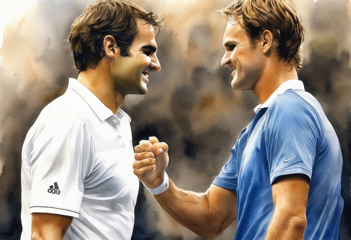 Watercolor painting based depiction of Roger Federer defeats Lleyton Hewitt to win his record 15th Grand Slam title, which further cements his status in tennis history. (2009)