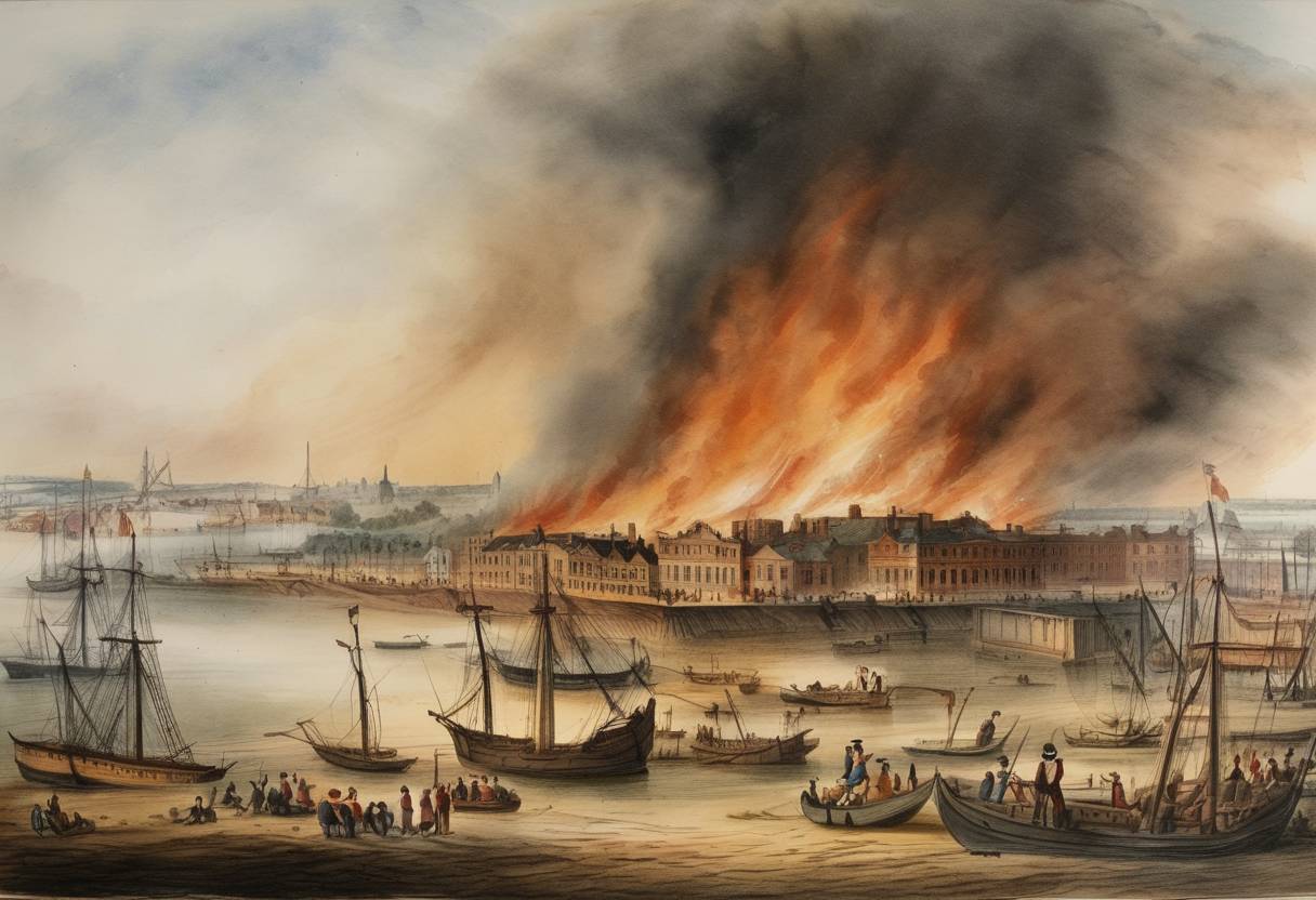 Watercolor painting based depiction of The Great Fire of Mobile started, resulting in significant destruction within the city. (1839)