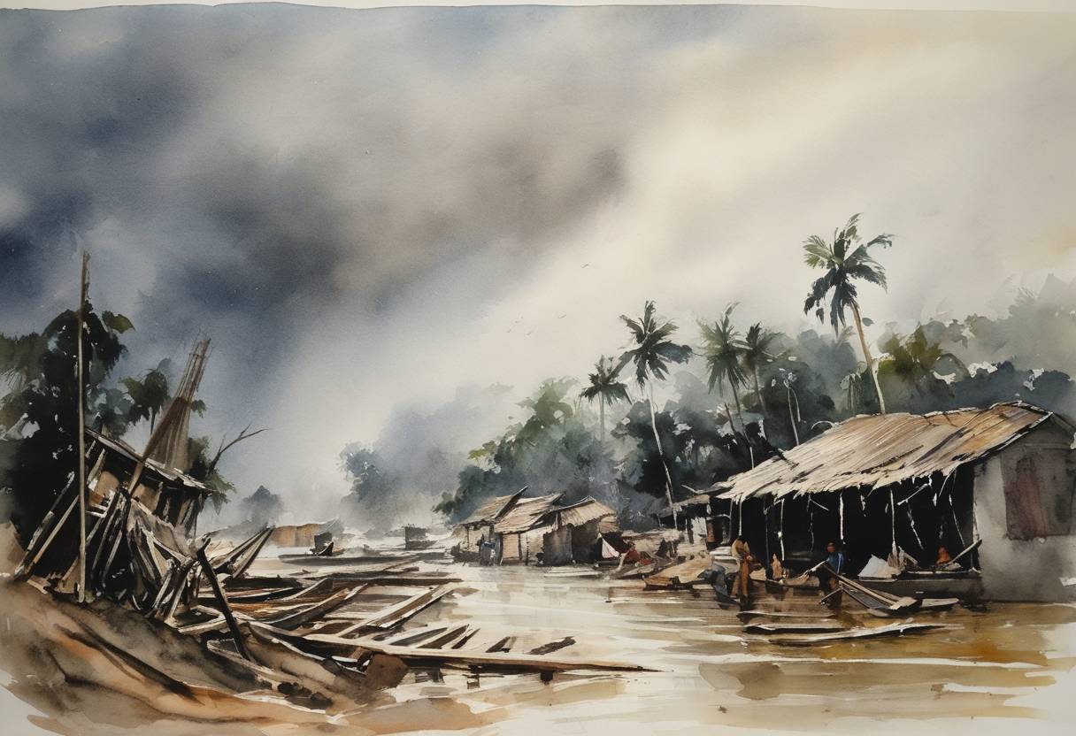 Watercolor painting based depiction of The Bhola cyclone, the deadliest tropical cyclone ever recorded, strikes the densely populated Ganges Delta region of then-East Pakistan (now Bangladesh), killing an estimated 300,000 to 500,000 people. (1970)