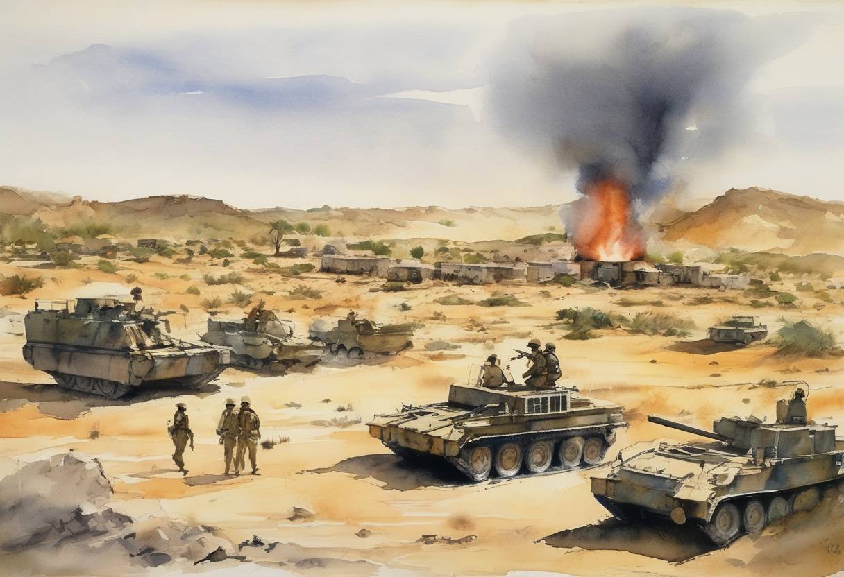 Watercolor painting based depiction of India conducted nuclear tests in Pokhran, leading to international condemnation and a regional arms race with Pakistan. (1998)