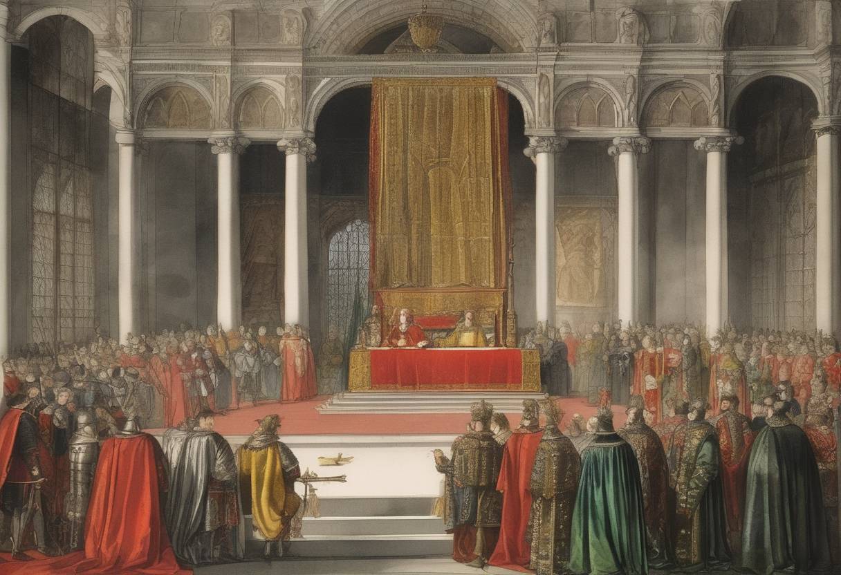 Watercolor painting based depiction of Public announcement of King Charles of Spain becoming Holy Roman Emperor Charles V. (1519)