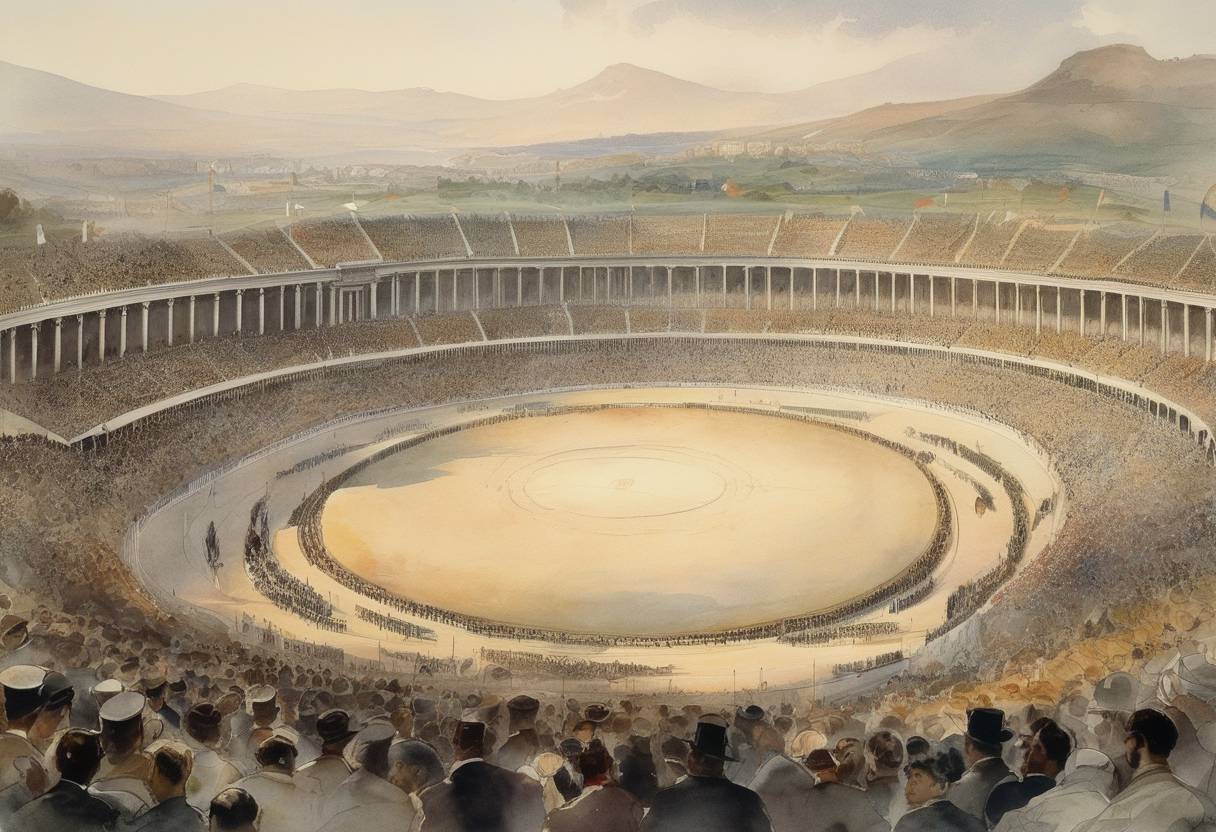 Watercolor painting based depiction of The closing ceremony of the first modern Olympic Games took place in Athens, Greece, marking the end of the 1896 Summer Olympics. (1896)