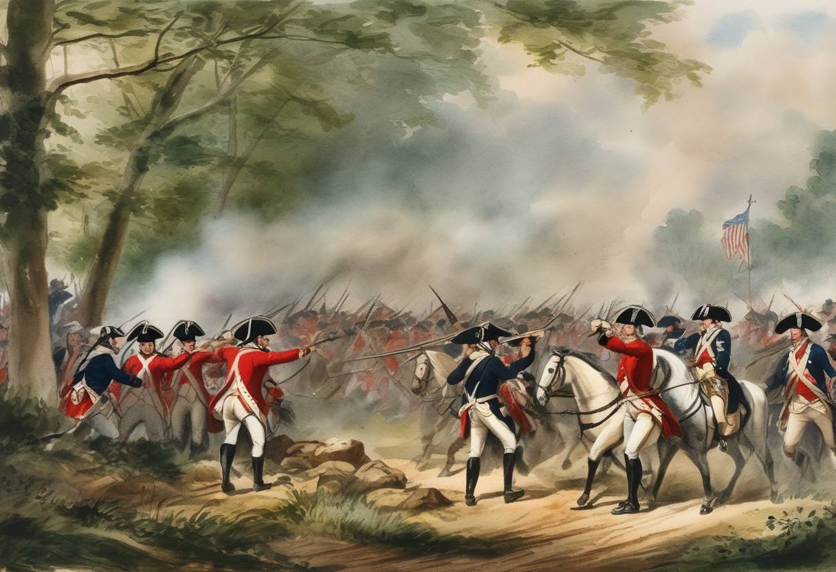 Watercolor painting based depiction of The Battle of Monmouth is fought near Monmouth Court House, where the Continental Army, led by George Washington, clashes with British forces under Sir Henry Clinton during their retreat from Philadelphia to New York. (1778)