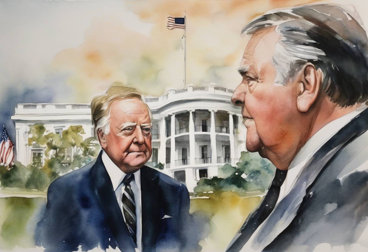 Watercolor painting based depiction of The White House announced the resignation of Edwin Meese as Counselor to the President, amidst growing controversy surrounding the Iran-Contra affair and other ethical concerns. This was part of a series of political changes within the Reagan Administration during a period marked by scandal. (1987)