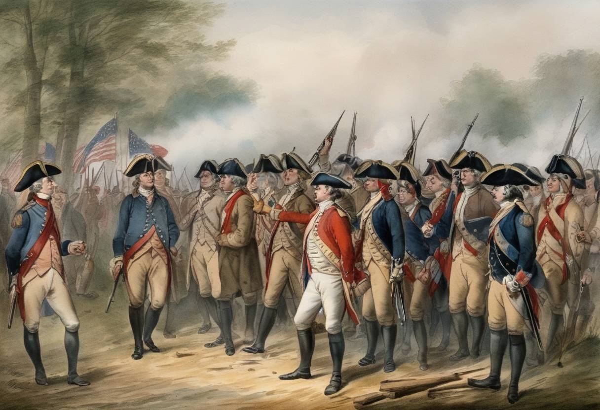 Watercolor painting based depiction of In the American Revolutionary War, British forces surrender to American troops in the Battle of Vincennes. (1779)