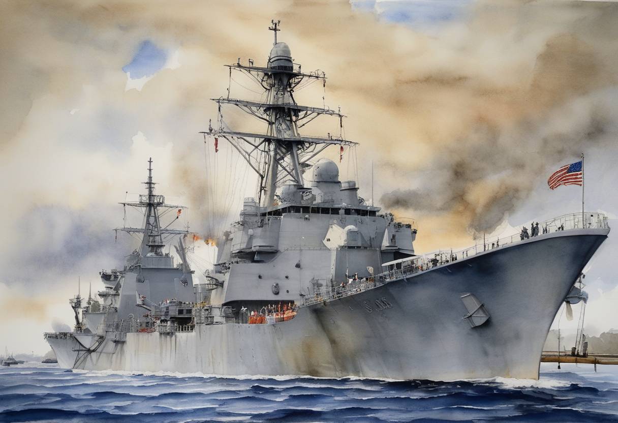Watercolor painting based depiction of The United States Navy decommissions the USS Stephen W. Groves, an Oliver Hazard Perry-class frigate, after 22 years of service. (2005)