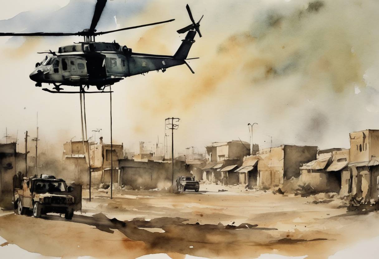 Watercolor painting based depiction of The Wikileaks 'Collateral Murder' video leak shot in Baghdad in 2007 is uploaded to WikiLeaks' website, revealing a U.S. military helicopter attack that killed a number of people including two Reuters journalists. (2010)