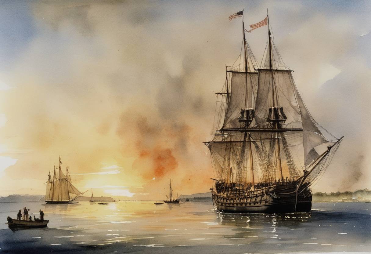 Watercolor painting based depiction of The British schooner Gaspee was burned by American patriots in an event that ramped up tensions leading to the American Revolution. (1772)