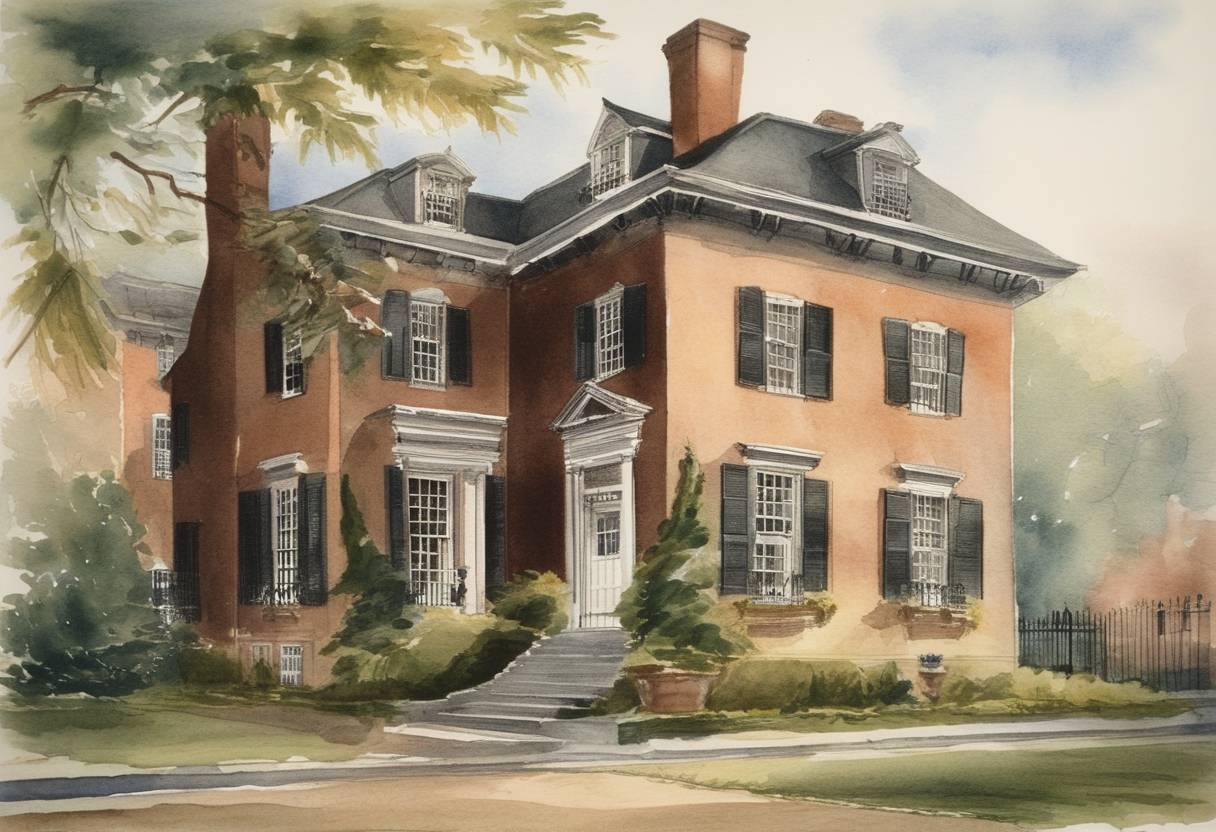 Watercolor painting based depiction of U.S. President-elect George Washington moved into his first presidential residence at 3 Cherry Street, New York City under the temporary capital. This house served as the nation's first executive mansion. (1789)