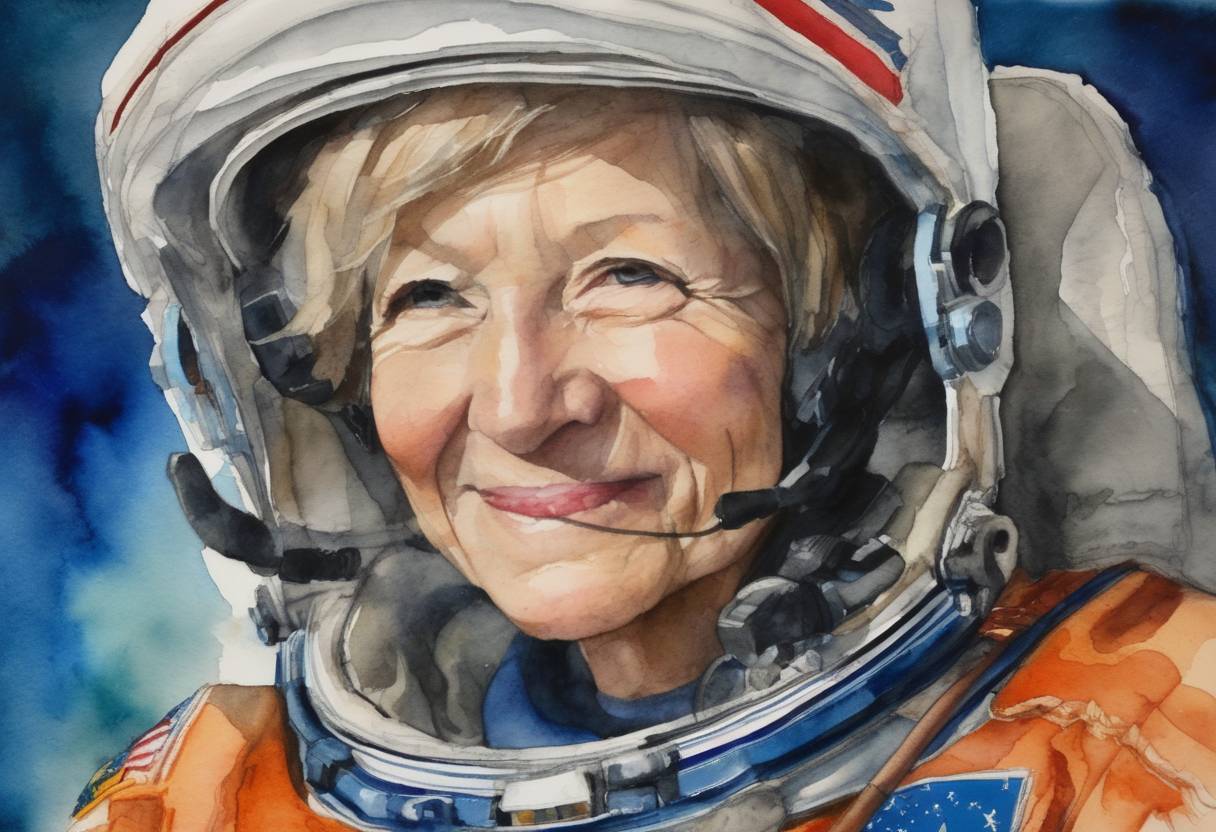 Watercolor painting based depiction of Astronaut Peggy Whitson broke the record for the oldest woman in space at age 56, and she launched on her third mission to the International Space Station. (2016)