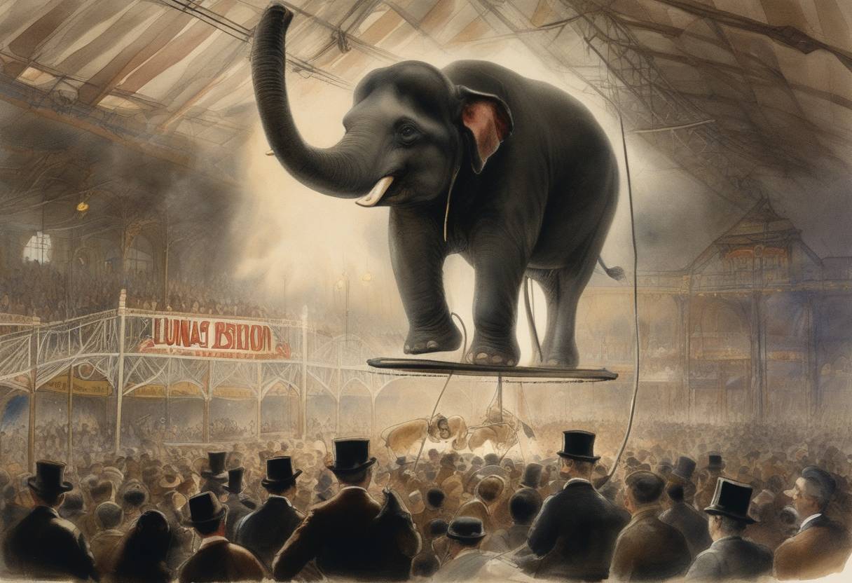 Watercolor painting based depiction of Topsy the elephant is electrocuted as part of a public demonstration by Thomas Edison to discredit alternating current (AC) and promote direct current (DC). (1903)