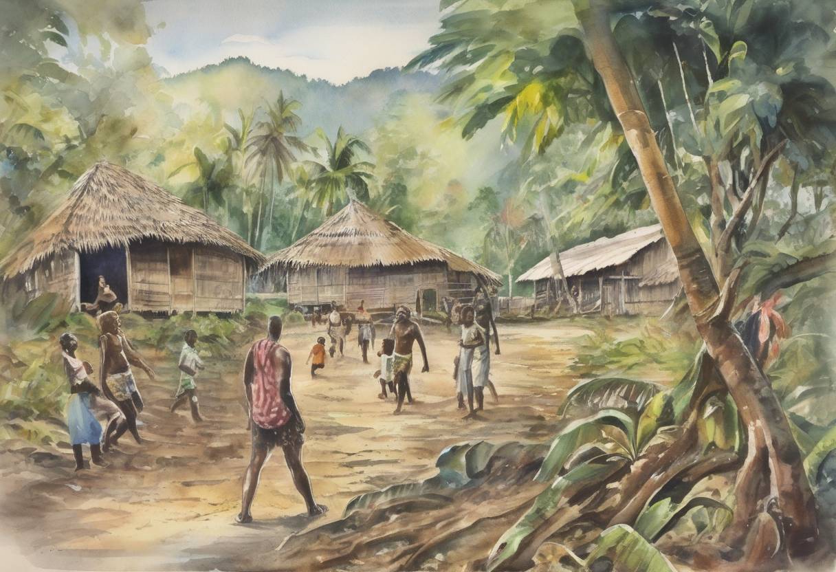Watercolor painting based depiction of Vanuatu gains independence from France and the United Kingdom. (1980)