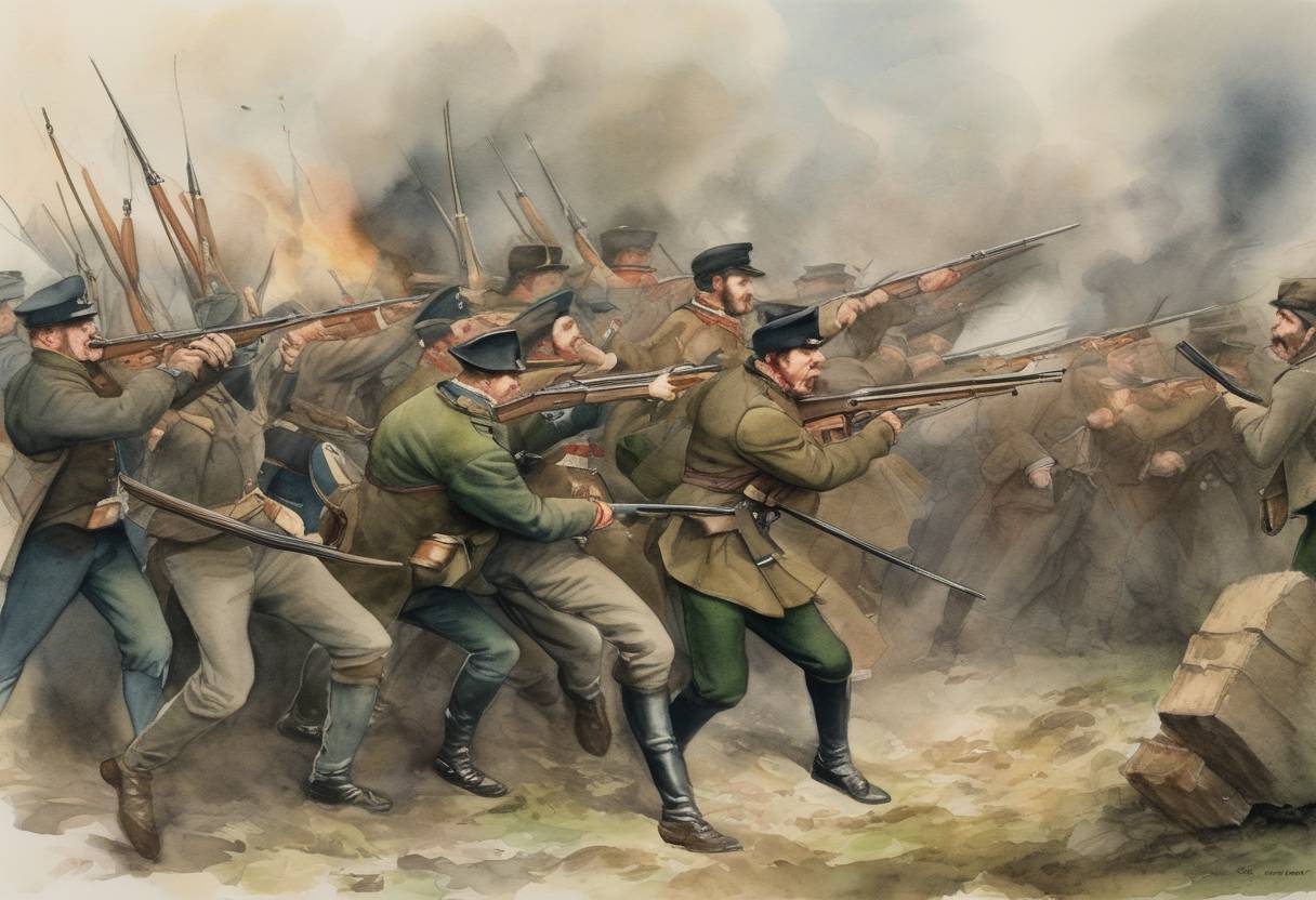 Watercolor painting based depiction of The United Irishmen's Rebellion: The Irish Republican Army attempt to launch a diversionary attack during the Easter Rising. (1800)