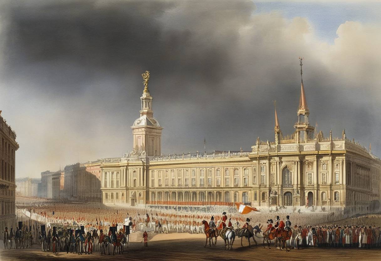 Watercolor painting based depiction of Joseph Bonaparte, elder brother of Napoleon Bonaparte, enters Madrid and is proclaimed King of Spain by Napoleon. (1808)