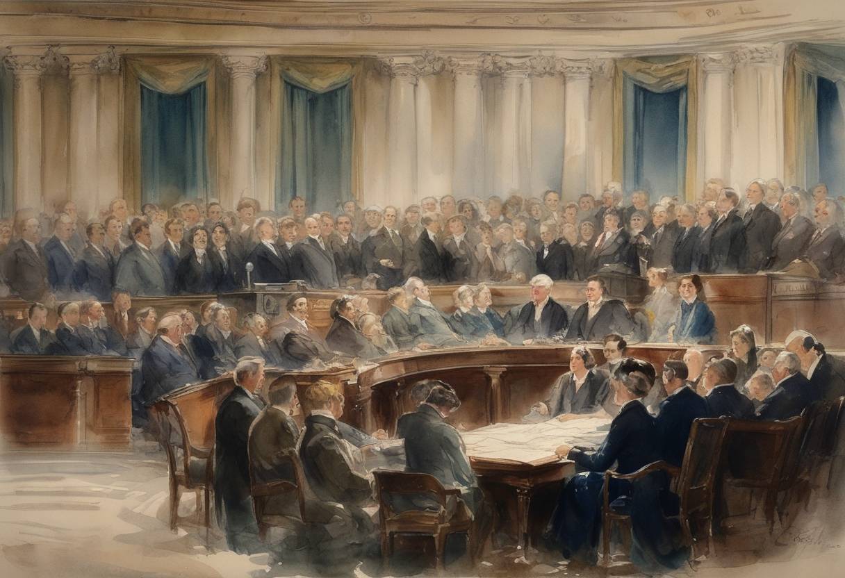 Watercolor painting based depiction of The U.S. Congress passed the 19th Amendment to the Constitution, which guarantees women the right to vote. The amendment was subsequently sent to the states for ratification. (1919)