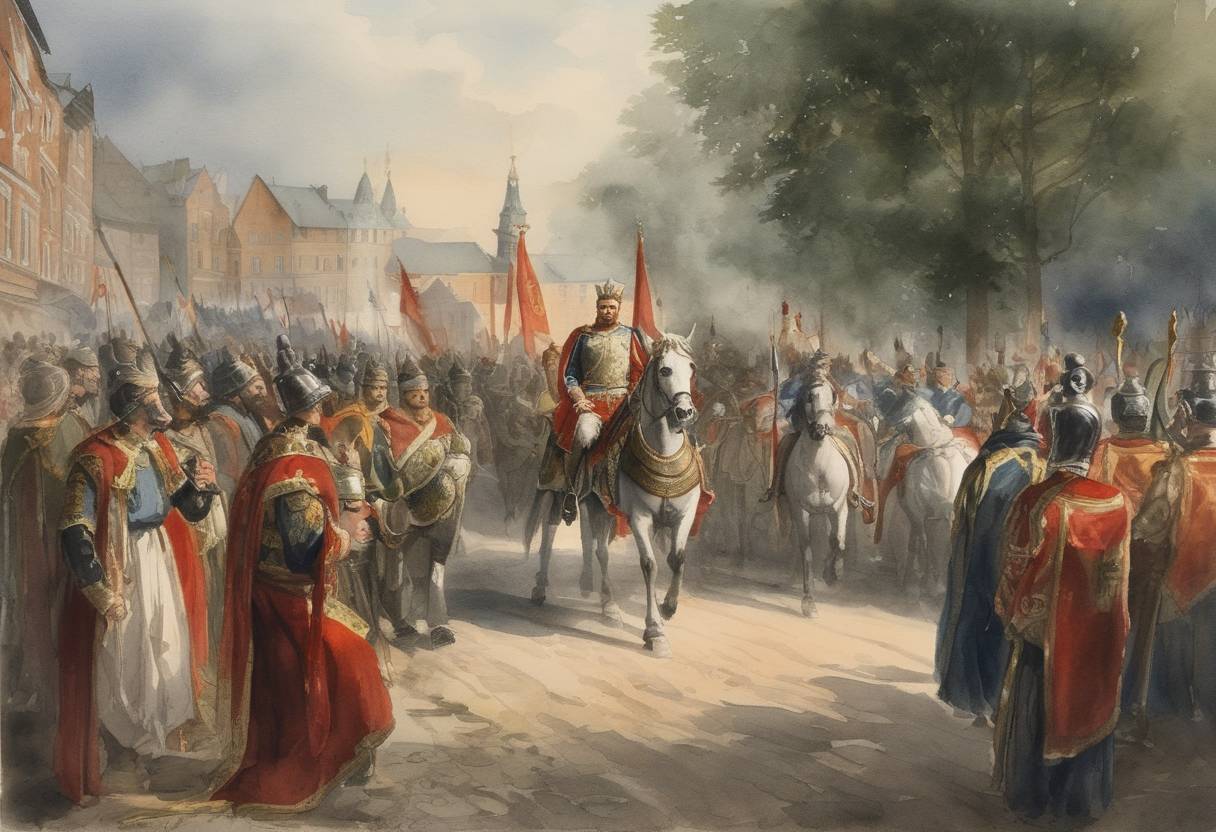 Watercolor painting based depiction of Eric the Victorious is proclaimed King of Sweden. (959)