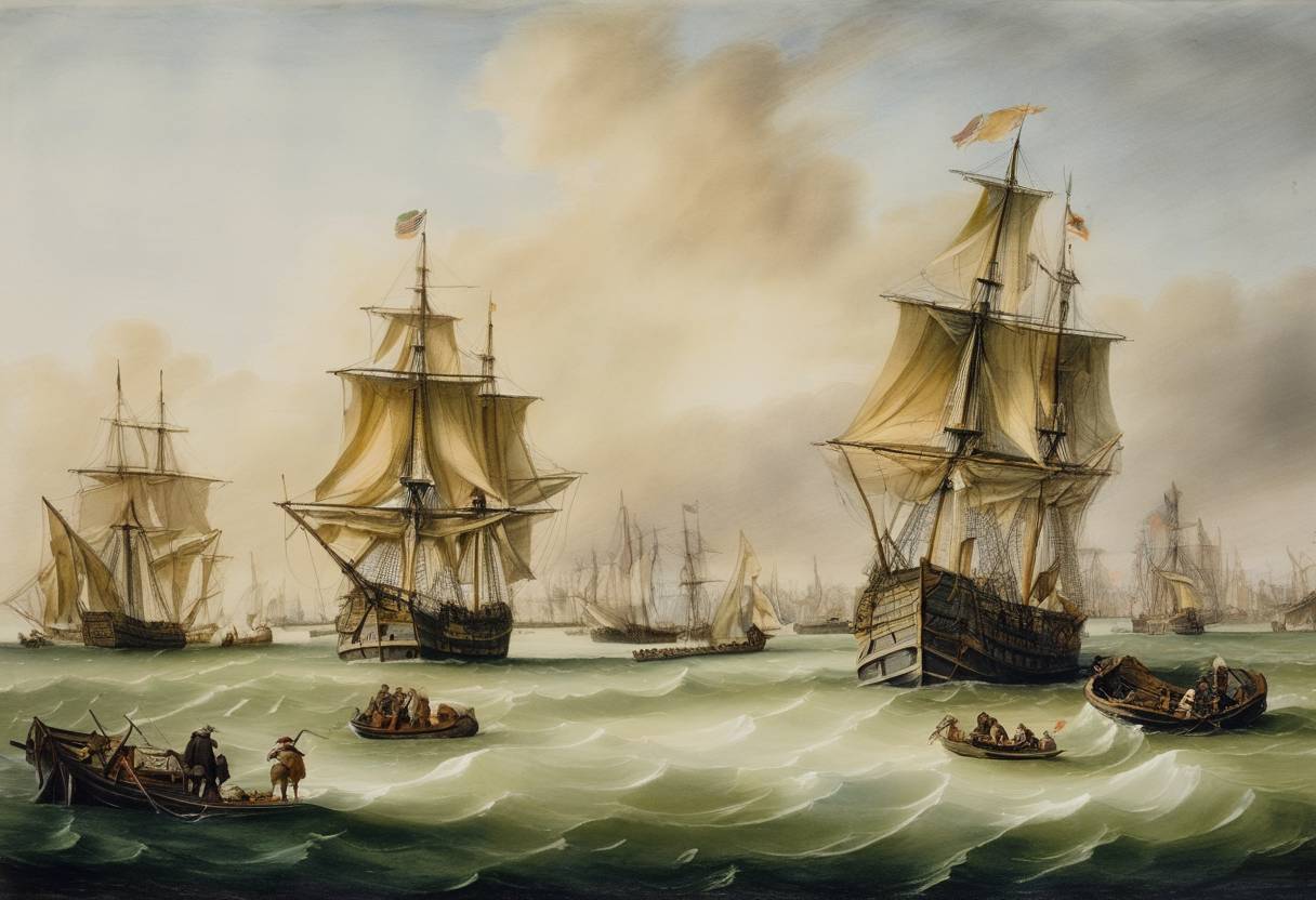 Watercolor painting based depiction of The city of New Amsterdam was officially ceded to the British and renamed to New York, following the capture by the English fleet during the Anglo-Dutch War. (1664)