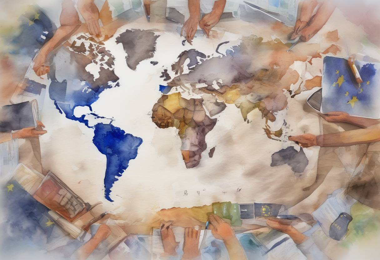 Watercolor painting based depiction of The European Union and the United Kingdom signed the post-Brexit trade agreement, formally known as the Trade and Cooperation Agreement. (2020)