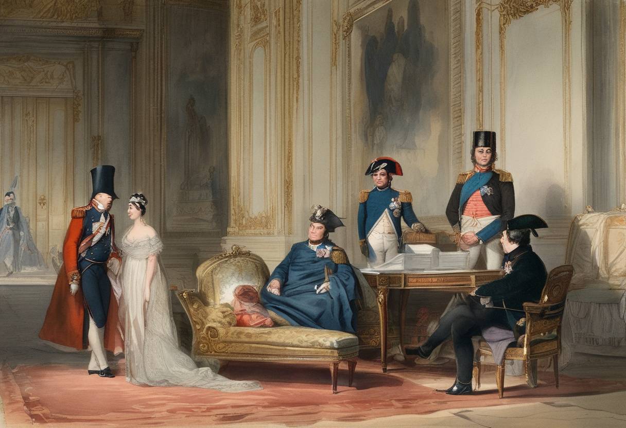 Watercolor painting based depiction of Napoleon Bonaparte and members of the French Consulate moved into the Tuileries Palace in Paris, marking a symbolic occupation of the French government’s seat of power. (1800)