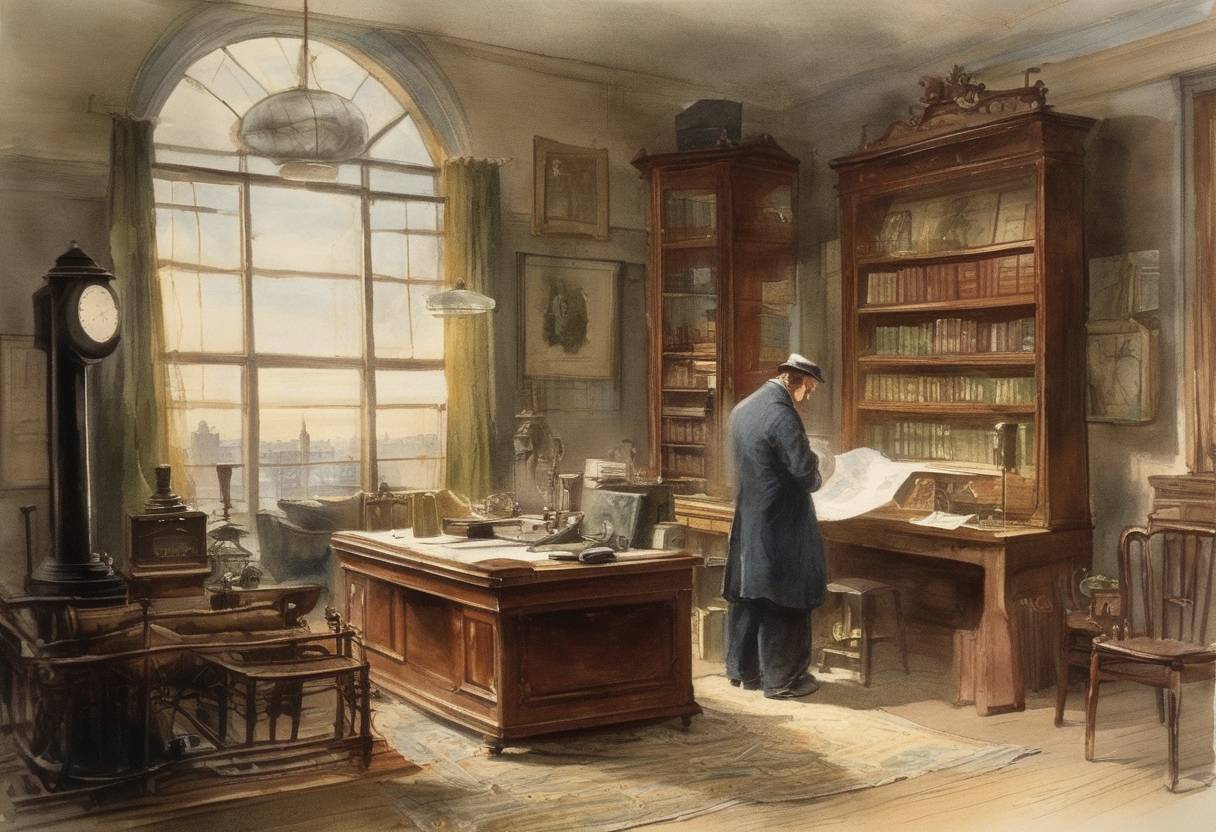 Watercolor painting based depiction of Long-distance telephone service began between Chicago and New York. (1883)