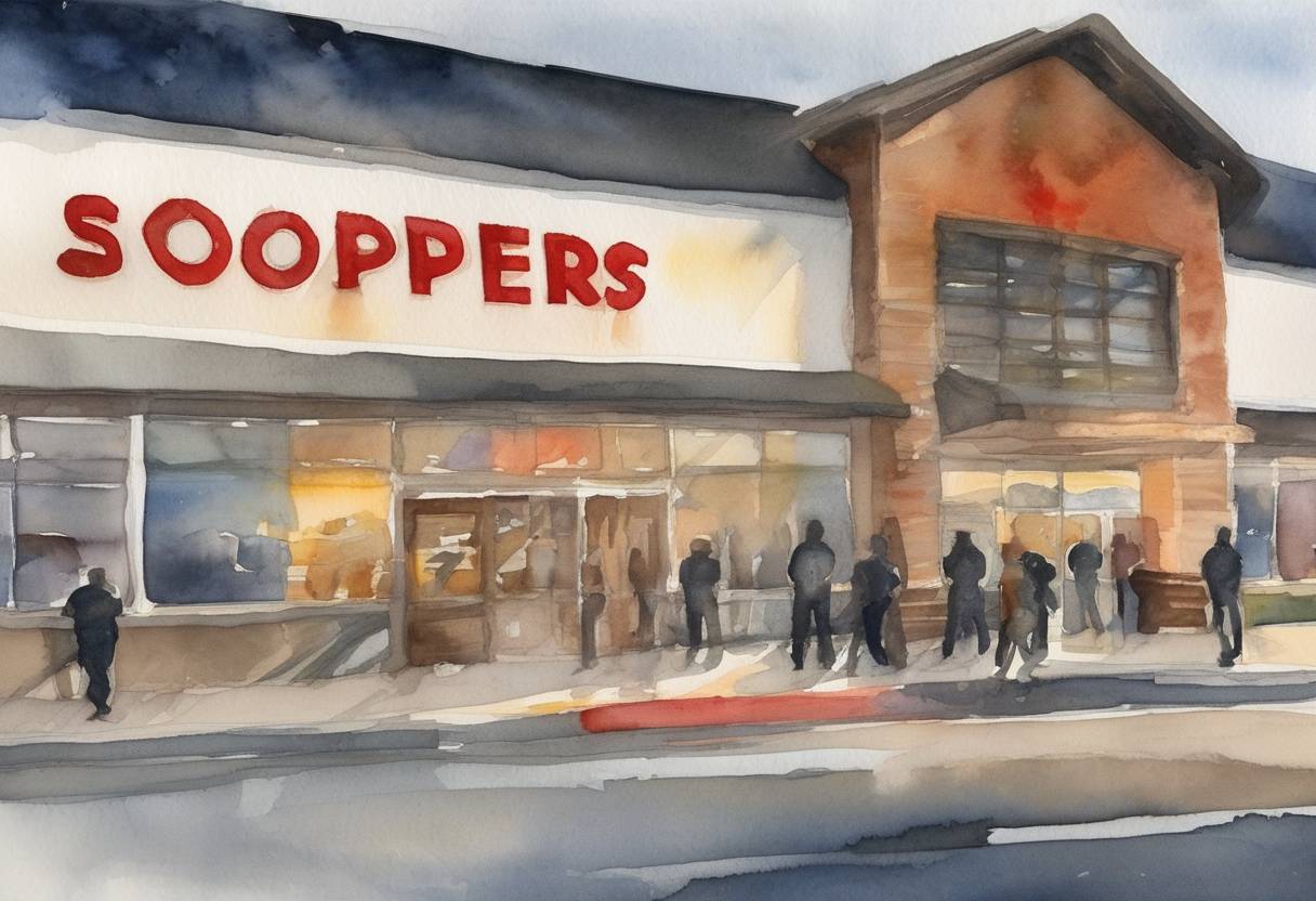 Watercolor painting based depiction of A mass shooting occurred at a King Soopers supermarket, resulting in ten fatalities, including a police officer. (2021)