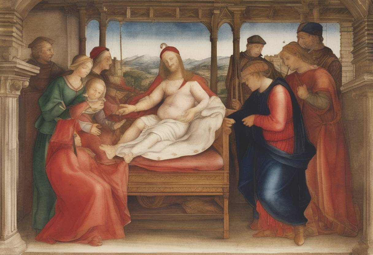 Watercolor painting based depiction of The birth of Rafael Sanzio, known as Raphael, an Italian painter and architect of the High Renaissance. (1483)