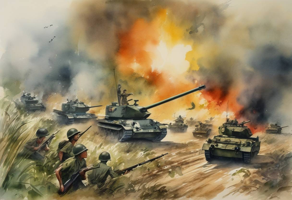 Watercolor painting based depiction of The Tet Offensive begins during the Vietnam War as North Vietnamese and Viet Cong forces launch a series of surprise attacks against American and South Vietnamese forces. (1968)
